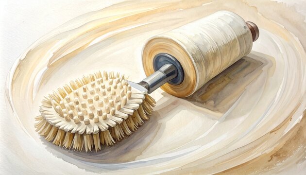 Natural Bristle Brush and Thread Spools on Wooden Surface.