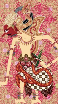 Javanese Wayang Kulit Shadow Puppet on Intricate Green and Pink Batik Background, Detailed Traditional Indonesian Culture Vector Illustration