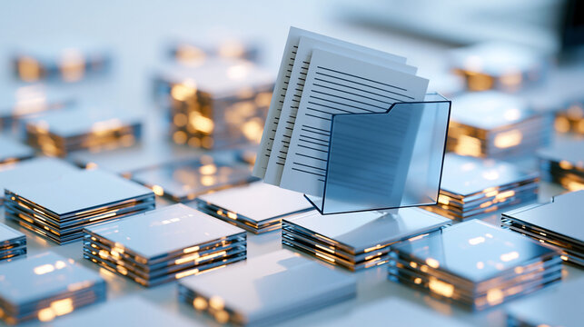 Folder icons arranged in a floating three dimensional grid with document sheets sliding between them bright clean background crisp geometric edges airy composition digital