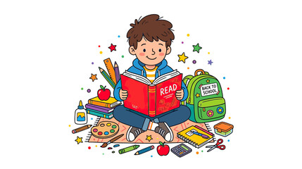 Happy boy reading a book surrounded by school supplies