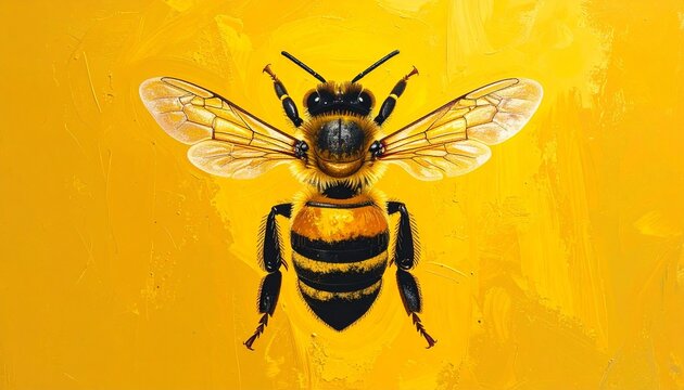 Close up of a honey bee with transparent wings on yellow background.