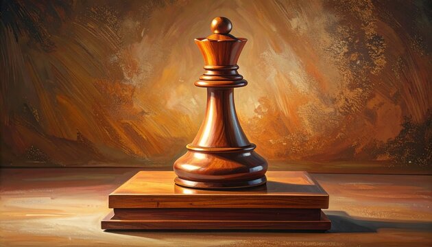Bronze Chess Queen Piece on Wooden Pedestal in Warm Lighting.