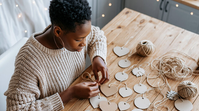 African American woman in cozy sweater crafts decorative tags from paper hearts and flowers on wooden table with twine and string in a well-lit indoor setting