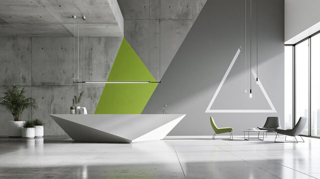 Modern minimalist interior design featuring geometric shapes in gray and green tones with a unique reception desk and stylish seating area in a spacious lobby
