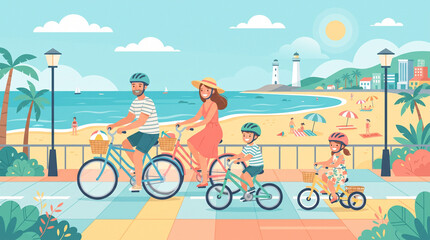 Fototapeta premium Happy Family Having Fun Together on the Beach During Summer Vacation, Parents and Children Enjoying the Sea, Sand, Ocean Water and Outdoor Holiday Lifestyle