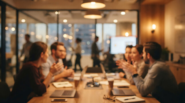  A group of six business professionals in discussion around a polished wooden conference table, with laptops and papers, against a blurred modern glass-walled office background.