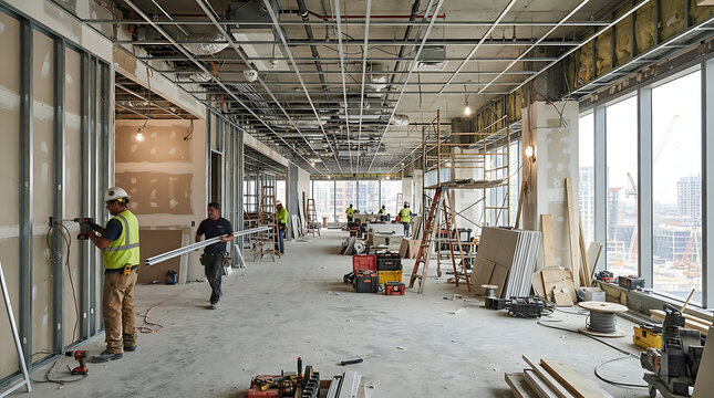 A wide shot of an empty office space under construction, with a worker in a yellow vest installing drywall, another carrying a long board, and city skyline visible through large windows under a grey s