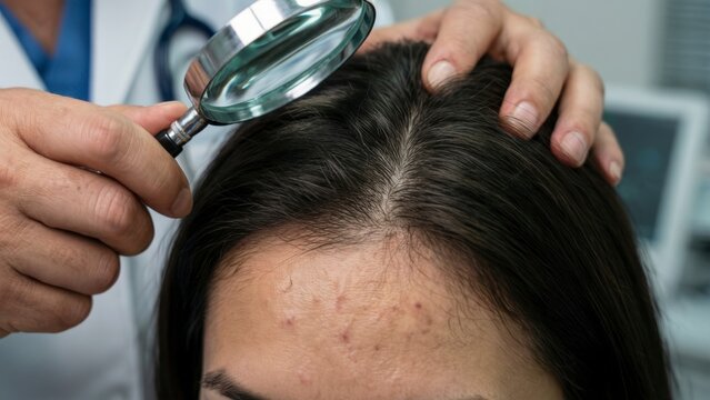 Dermatologist uses magnifying glass to examine patient hair scalp in medical clinic. Doctor checks skin condition for dandruff psoriasis dermatitis symptoms. Female person receives professional hair