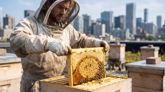 Beekeeper in a protective suit inspects a honeycomb frame on an urban rooftop with a sprawling city skyline visible in the background, highlighting the intersection of nature and modern development.