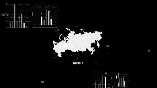 Russia map animation showcasing economy, infrastructure, technology, population, energy, trade, and national development data for presentations, films, documentaries, and motion graphics.