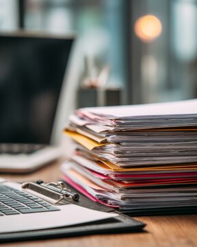 Stack of documents and clipboard on wooden office desk with laptop