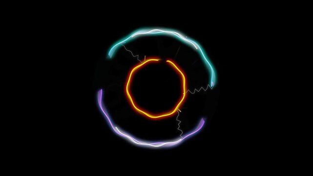Abstract circular electric energy rings rotating with glowing plasma arcs on black background.