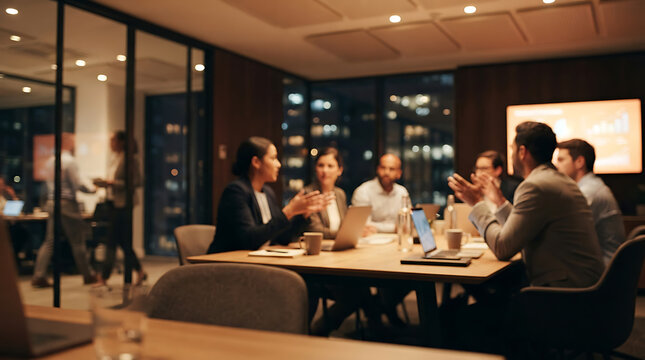 A group of six to seven business professionals in a collaborative evening meeting around a conference table, with a woman in a dark blazer speaking beside laptops, coffee cups and documents.