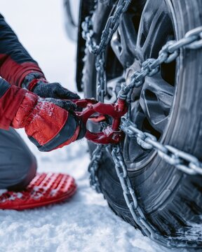 Close-up of person securing tire chain tensioner on winter tire in snow