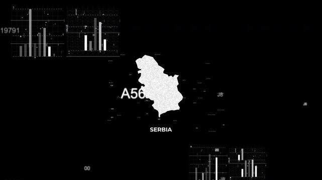 Serbia map animation showcasing economy, infrastructure, technology, population, energy, trade, and national development data for presentations, films, documentaries, and motion graphics.