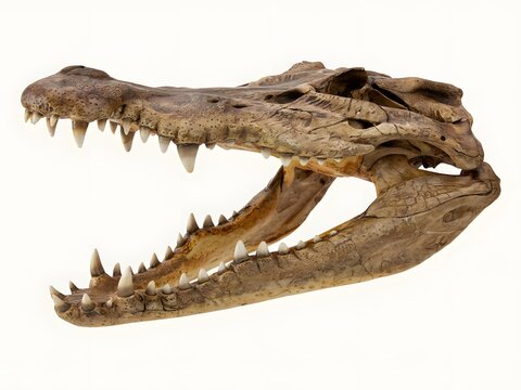 3D render of realistic fossilized dinosaur skull with sharp teeth and detailed texture for educational use