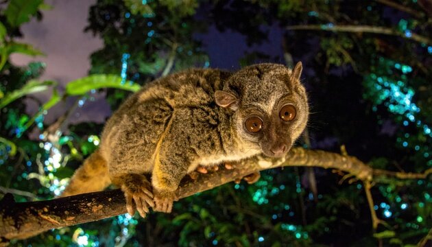Bushbaby primate perched on branch at night.