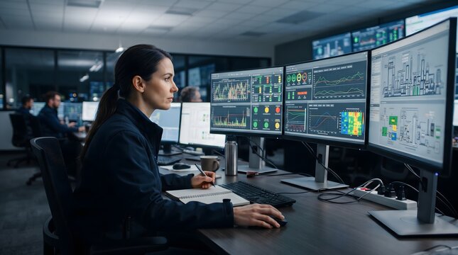 operator controlling industrial system on multi monitor setup

