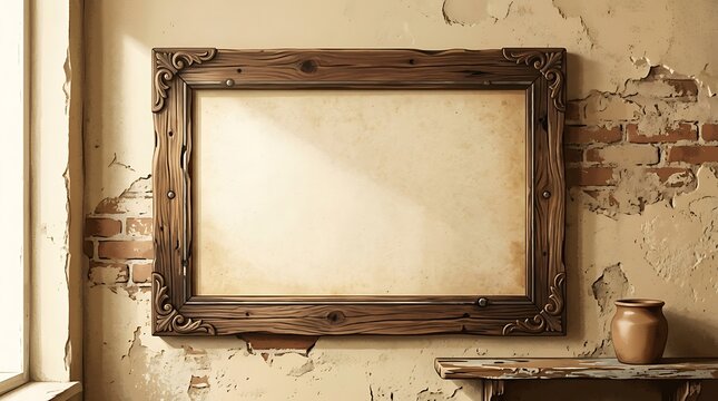 Antique wooden picture frame on weathered wall.