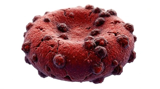 Close-up 3D medical illustration of a pathological echinocyte red blood cell with abnormal membrane projections, spike-like spikes, and crenation against a clean isolated white background.