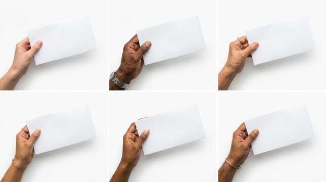 Diverse hands holding blank white DL size envelopes on a clean light background, showing various skin tones and holding gestures, perfect for mail, correspondence, and corporate stationery design m...