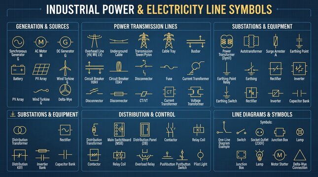 Industrial Power & Electricity Line Symbols Chart: Comprehensive Electrical Engineering Diagram for Generation, Transmission, Substation, and