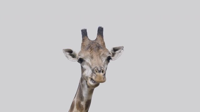 Close-up of a cute giraffe looking straight at the camera against a plain gray background. Funny wild animal face shot isolated on neutral backdrop with copy space for design