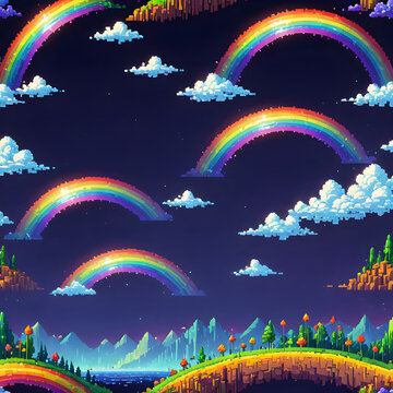 Rainbows arc across a dark pixelated landscape featuring rolling green hills and scattered white clouds.