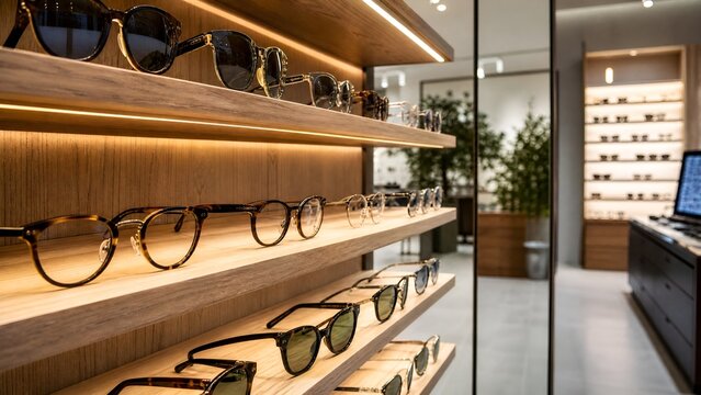 Modern Eyewear Retail Shop Display Featuring Wooden Shelves with Assorted Stylish Prescription Glasses