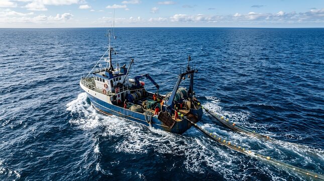 Commercial Fishing Vessel Plying Open Waters, Deploying Trawling Nets for Seafood Catch