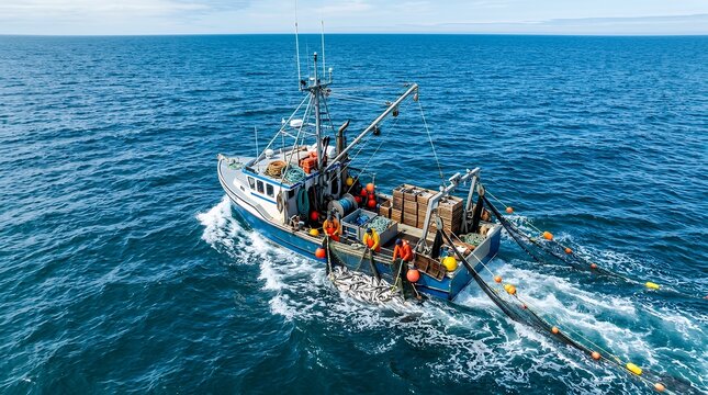 Commercial fishing vessel pulling nets in deep blue ocean waters with hardworking crew