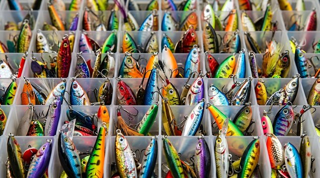 Colorful Fishing Lures Tackle Box Display Bright Assortment of Artificial Baits for Anglers