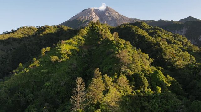 Scenic Aerial Footage of Merapi Volcano with Lush Tropical Forested Slopes During Morning Under a Clear Sky, Vibrant and Wonderful Mountain Scenery of Volcanic Landscape in Yogyakarta, Indonesia.