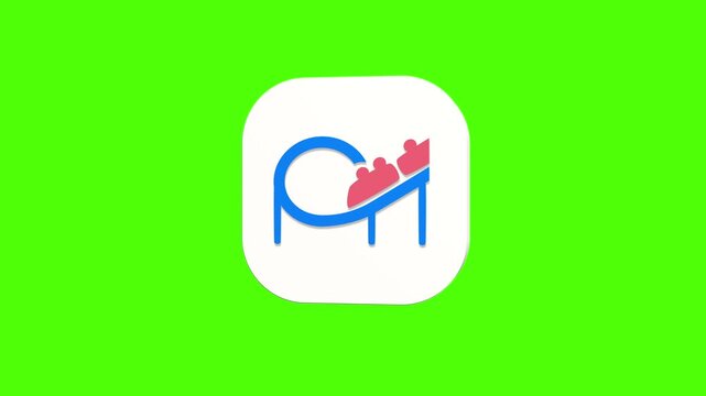 3D animated roller coaster icon on a white rounded card with a green screen background. Smooth loop motion, perfect for mobile app UI, theme park, and video editing elements.