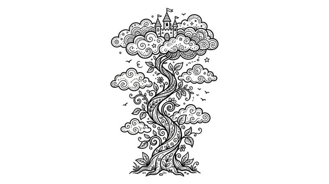 Whimsical Treehouse Castle in Clouds, Fantasy Illustration