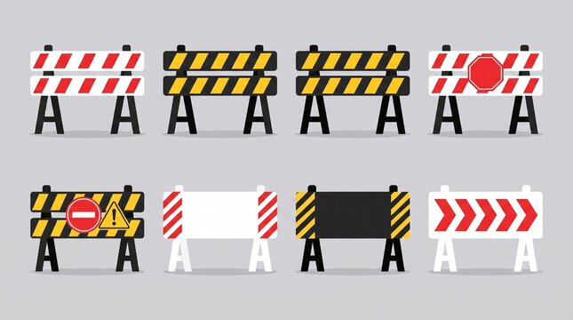 Road construction barrier set, a collection of eight diverse traffic safety barriers, warning signs and barricades for work zones, essential vector graphics for infrastructure and urban