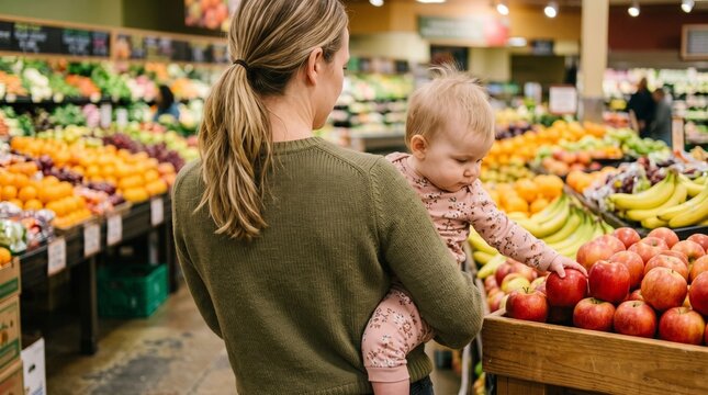 Young mother holding her baby while shopping for fresh organic apples in the produce section of a grocery store. Healthy family lifestyle concept