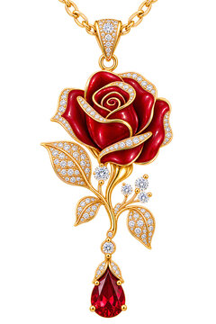 Romantic red rose necklace pendant with golden leaves, sparkling gemstones, and dangling jewel, isolated on white background for jewelry design