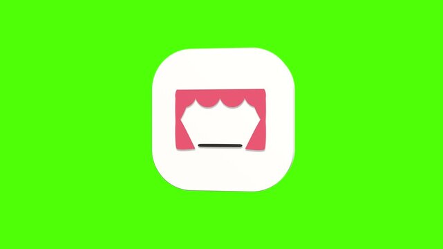 3D animated theater curtain icon on a white rounded card with a green screen background. Smooth loop motion, perfect for mobile app UI, show stage, and video editing elements.