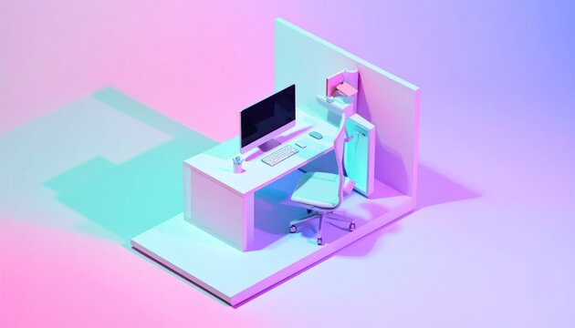Isometric 3D office desk setup in pastel colors.