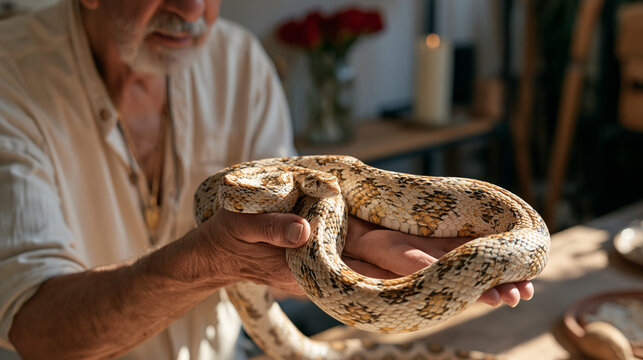 Elderly reptile handler in a candlelit herpetology study holding a large corn snake across weathered forearms, Valentines Day red roses arranged in a glass jar on the shelf behind