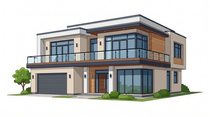 Fototapeta premium Modern two-story luxury villa with glass balcony and garage on white background