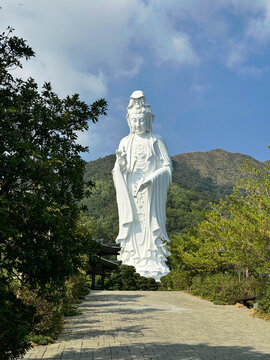White Guanyin Bodhisattva Statue Against Mountain and Forest Landscape.