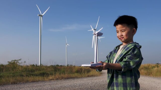Happy young Asian boy holding a spinning toy wind turbine model in front of a real wind farm. Cheerful child learning about green renewable energy and eco-friendly power technology outdoors