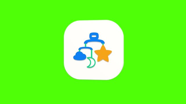 3D animated baby crib mobile icon on a white rounded card with a green screen background. Smooth loop motion, perfect for mobile app UI, nursery toy, and video editing elements.