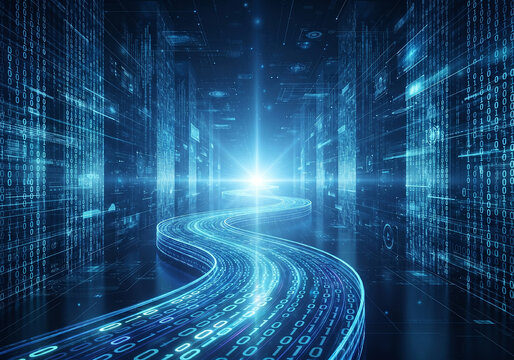 Winding path through glowing binary code digital tunnel representing data flow and network