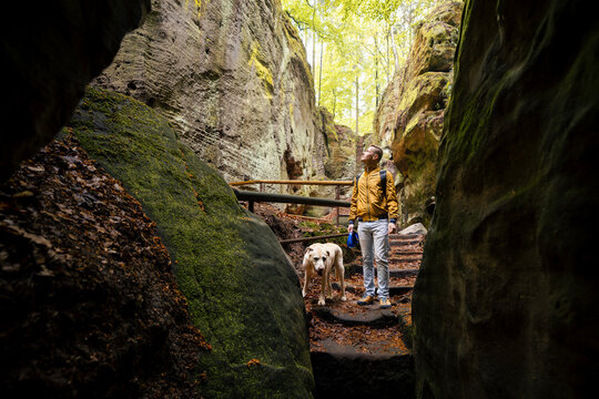 Tourist walking with his Labrador retriever dog on narrow path between massive sandstone rocks in forest in Bohemian Paradise. Outdoor hiking adventure, Czech republic nature travel and pet concept.