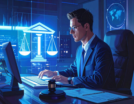 Man working on computer with justice scale on screen in office