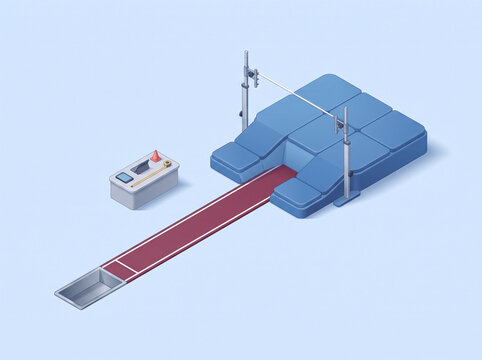 Isometric illustration of pole vaulting track and equipment