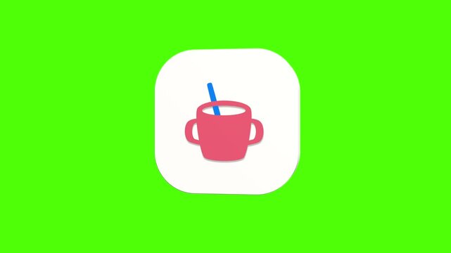 3D animated baby sippy cup icon on a white rounded card with a green screen background. Smooth loop motion, perfect for mobile app UI, toddler drink, and video editing elements.